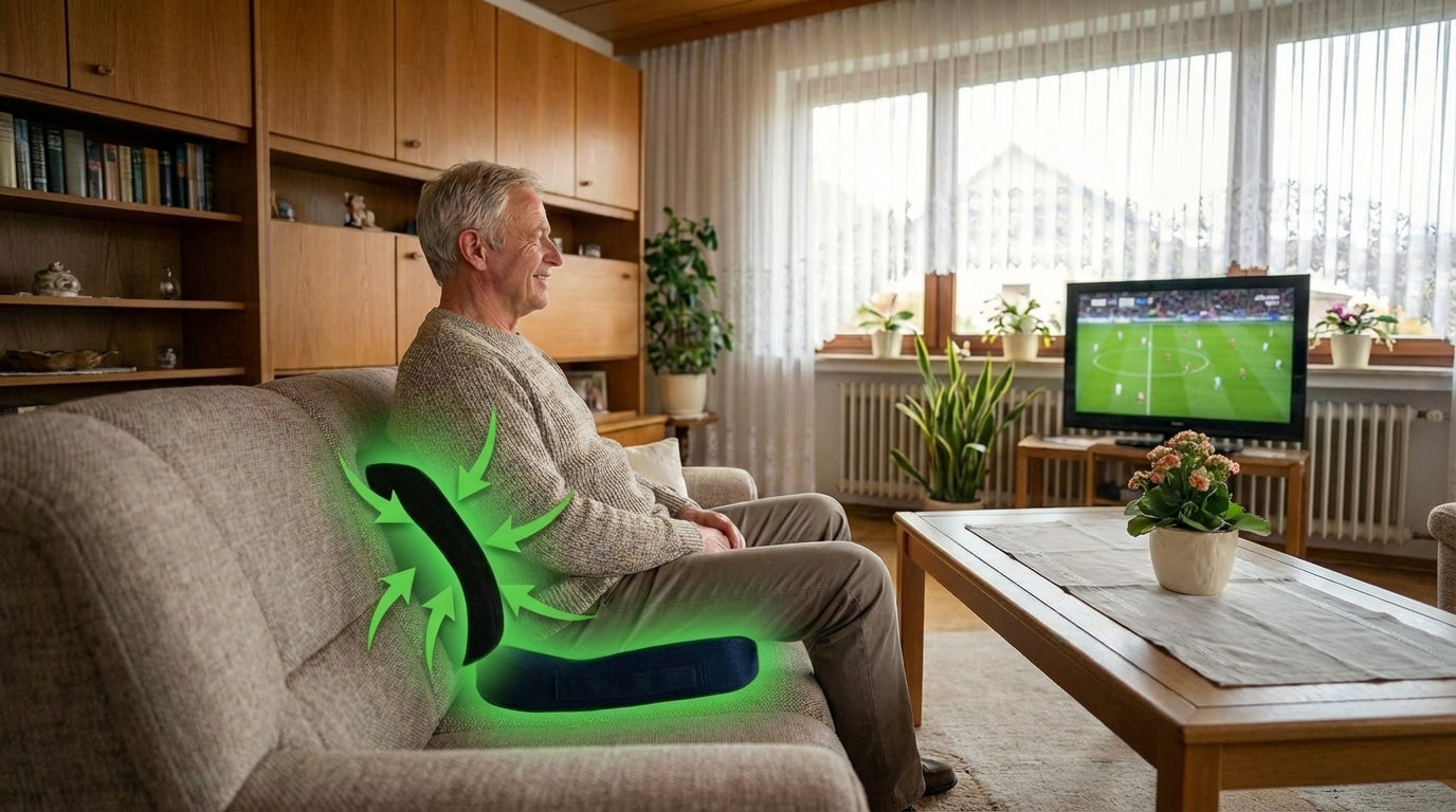 ein Herr sieht fern und sitzt auf einem Sitzkissen